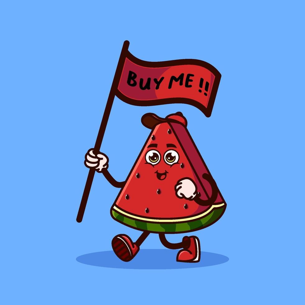 schattig watermeloenfruitkarakter met een vlag die zegt koop me. fruit karakter pictogram concept geïsoleerd. emoji-sticker. platte cartoon stijl vector