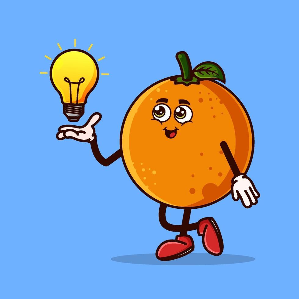 schattig oranje fruitkarakter met gloeilampidee bij de hand. fruit karakter pictogram concept geïsoleerd. emoji-sticker. platte cartoon stijl vector