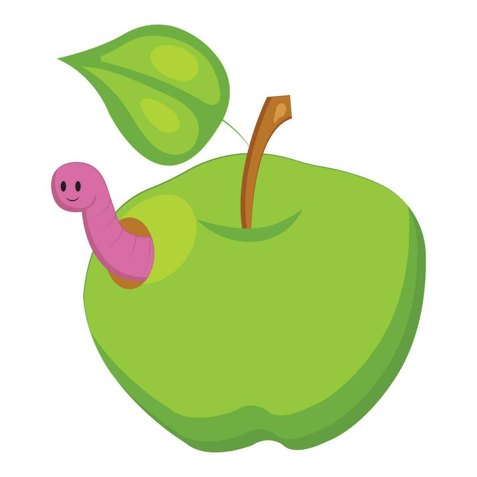 groen appel met een glimlachen worm. vector illustratie in tekenfilm stijl geïsoleerd Aan een wit achtergrond.