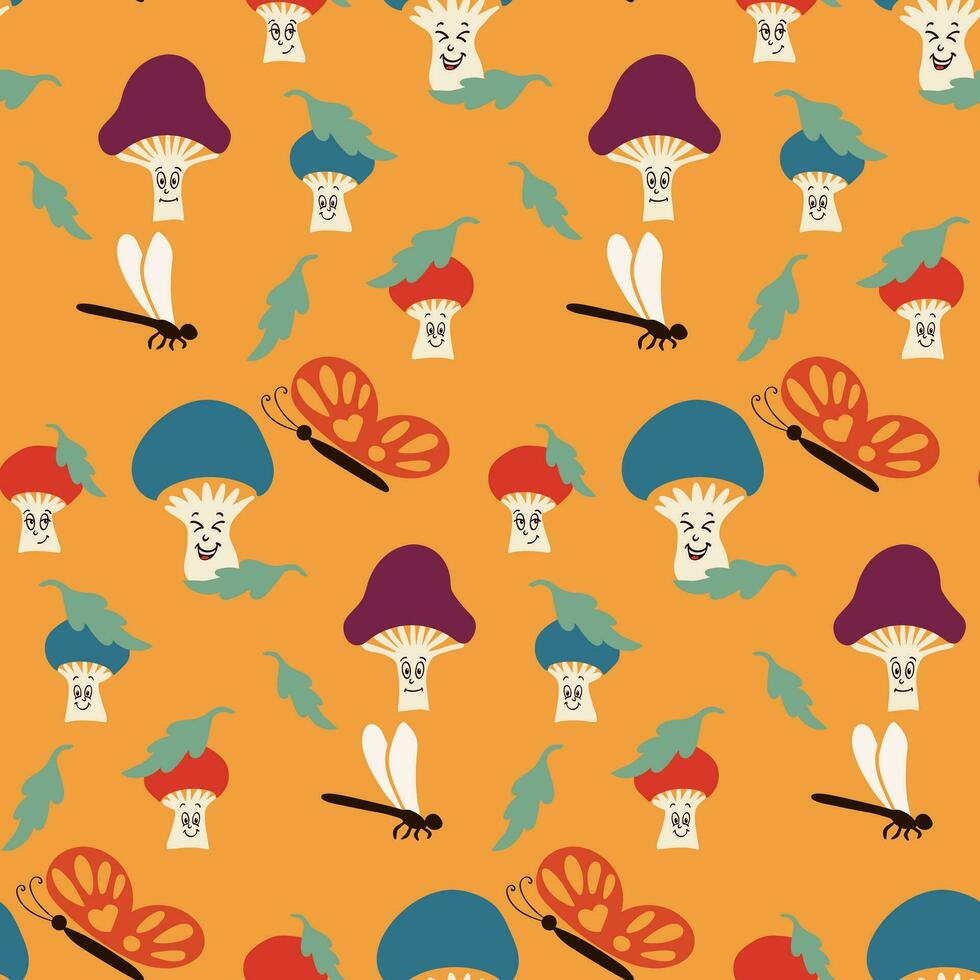 kinderen naadloos patroon met tekenfilm champignons Aan oranje achtergrond. wijnoogst groovy elementen paddestoelen, libellen, vlinders in minimalistisch stijl met gelaats uitdrukking. perfect voor kinderen textiel vector