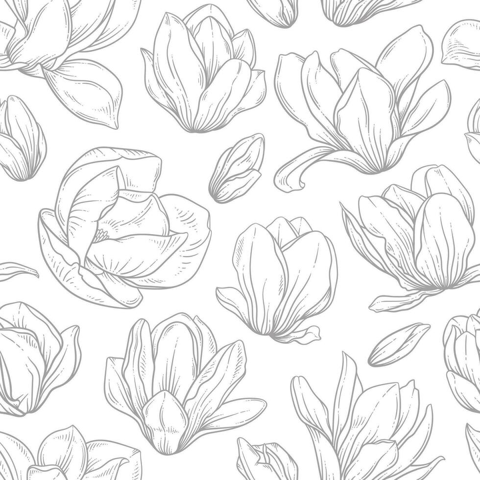 naadloos patroon met bloeiend magnolia bloemen in schetsen stijl. vector