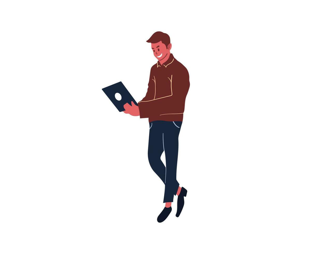 een Mens Holding een laptop, vervelend slim kleren is staand vlak tekenfilm karakter geïsoleerd Aan wit achtergrond, bedrijf vector illustratie