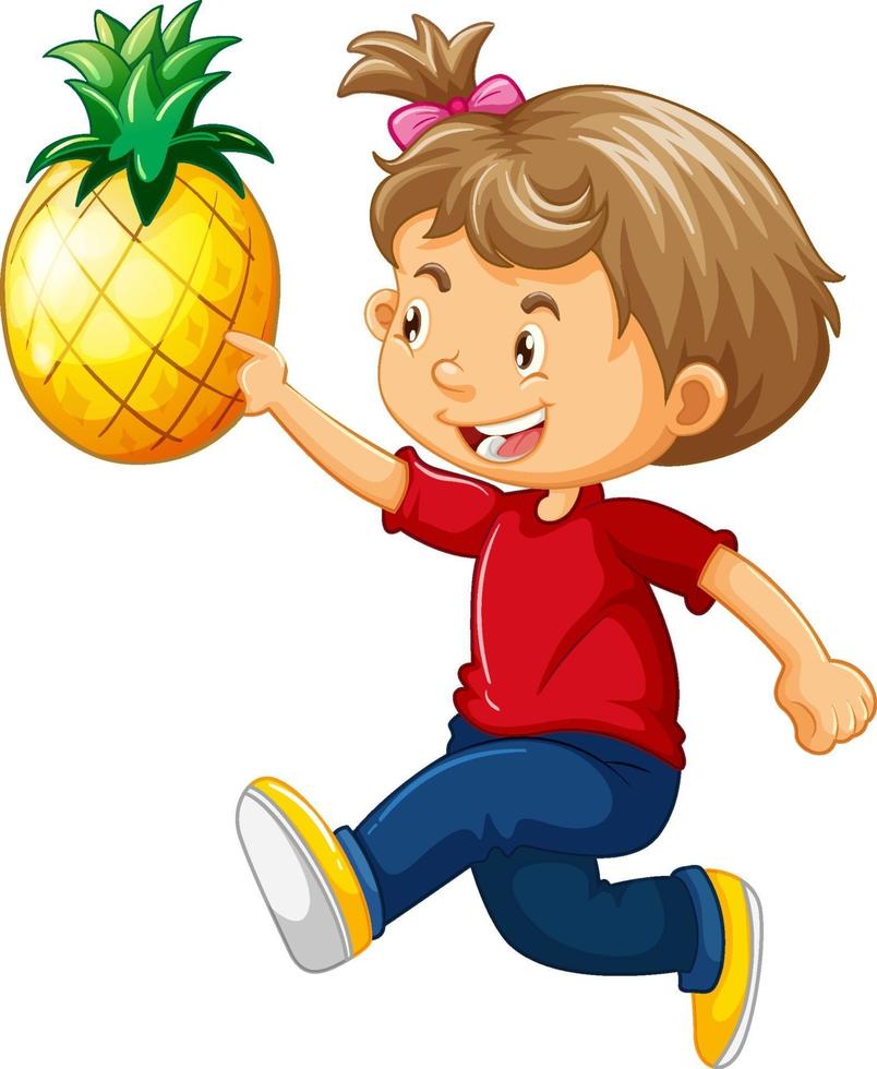 een schattig meisje met ananas stripfiguur geïsoleerd op een witte achtergrond vector