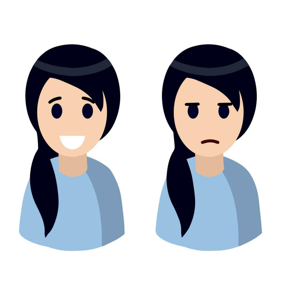 donker haar vrouw. reeks van meisje emoties. varkensstaart Aan hoofd. vreugde en droefheid. schattig vrouw karakter in blauw kleren voor sociaal netwerk avatar. glimlach en verdrietig. vlak tekenfilm vector