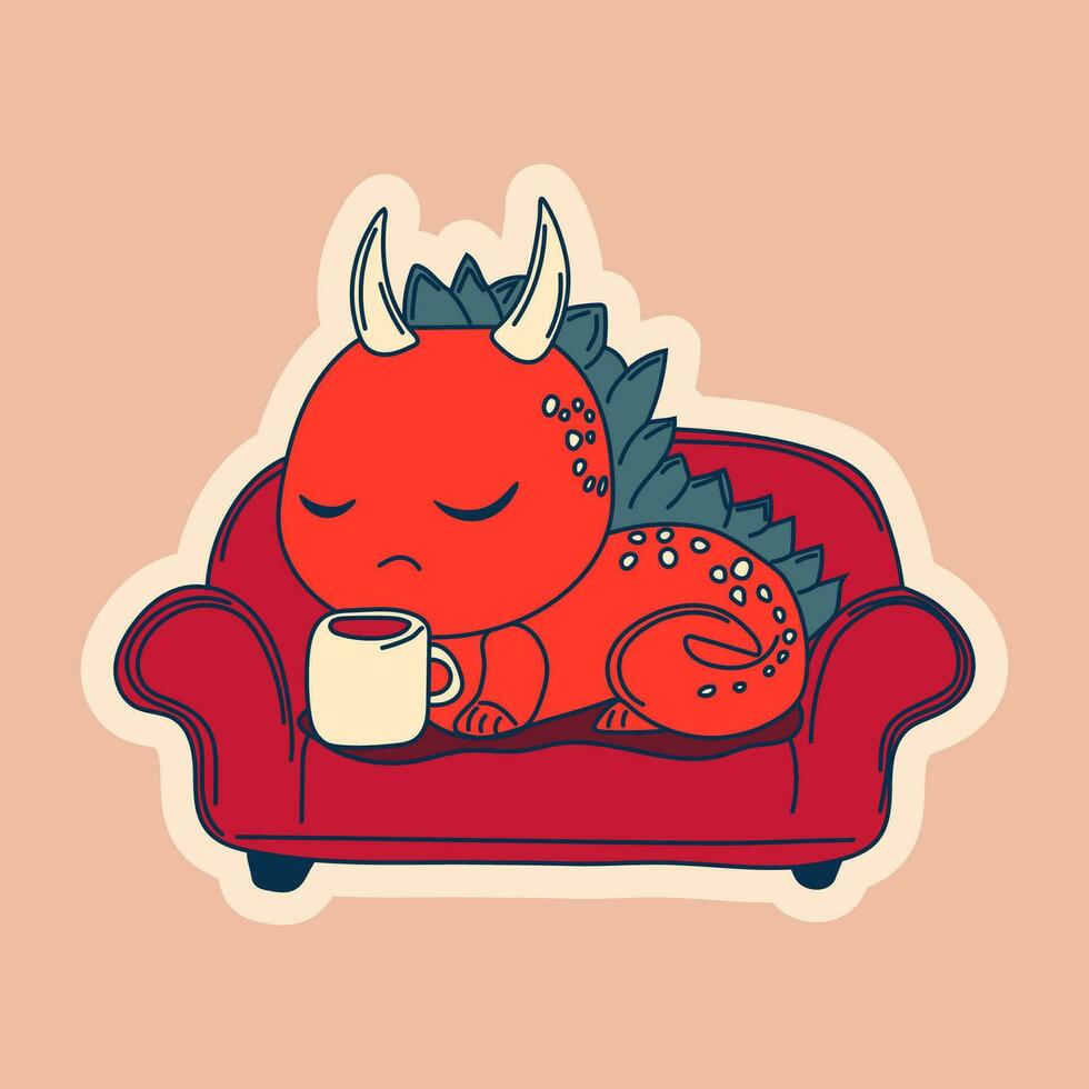 vector voorraad illustratie geïsoleerd emoji karakter tekenfilm draak dinosaurus aan het liegen Aan de sofa met een kop sticker emoticon voor plaats, info grafiek, video, animatie.