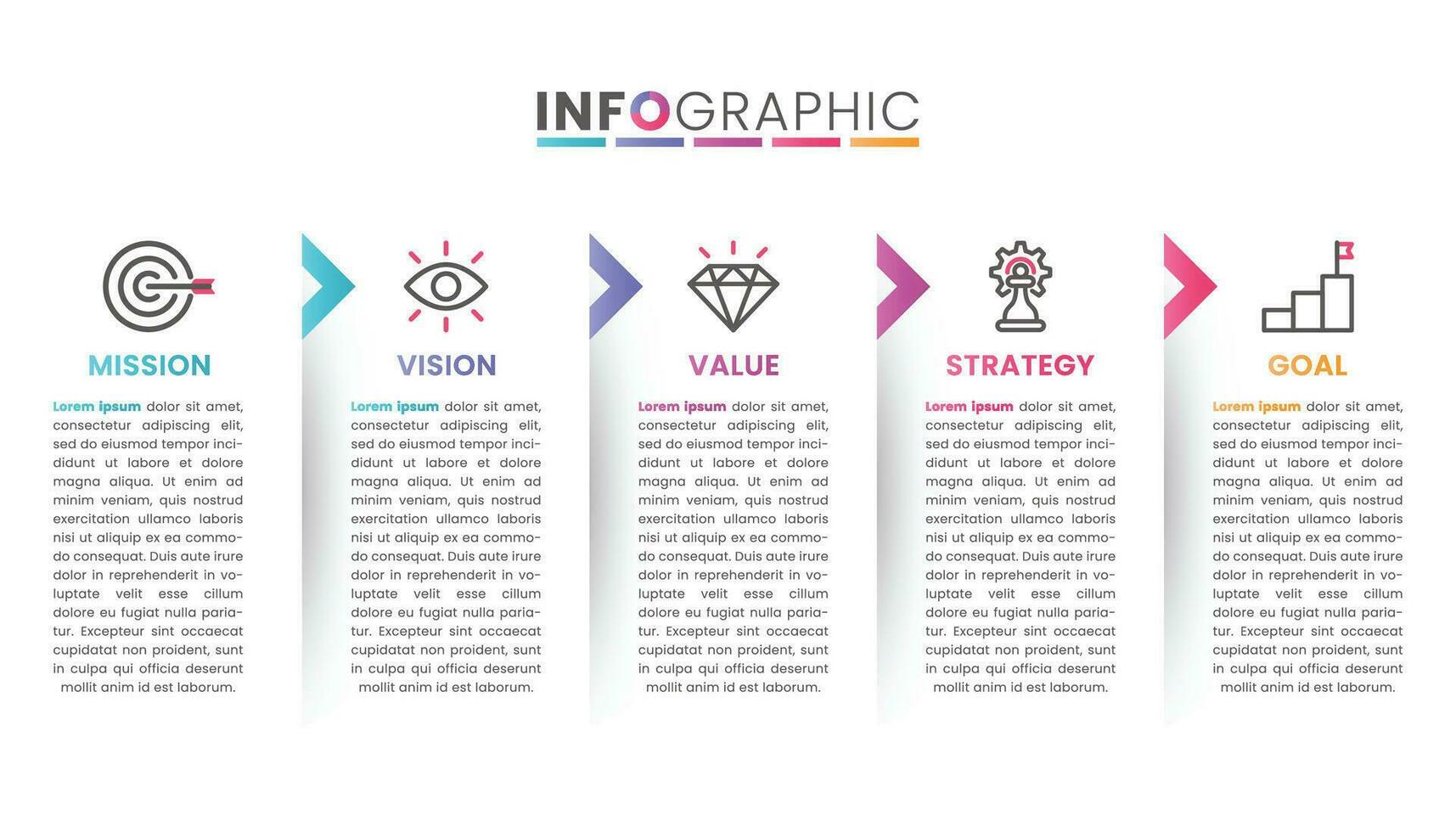 missie, visie, waarde, strategie en doel van bedrijf met tekst. bedrijf presentatie infographic vector