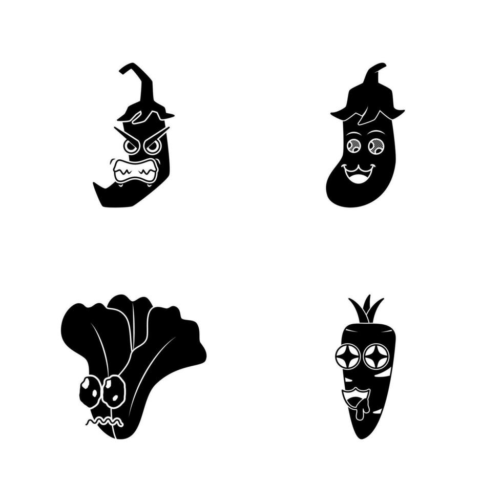 zwart wit verzameling van Chili, aubergine, wortel, mosterd Groenen mascotte illustratie. silhouet, tekenfilm, emoticon stijl. verdrietig, Vrolijk, boos, verleid uitdrukking. gebruik voor logo, sticker, afdrukken, icoon vector
