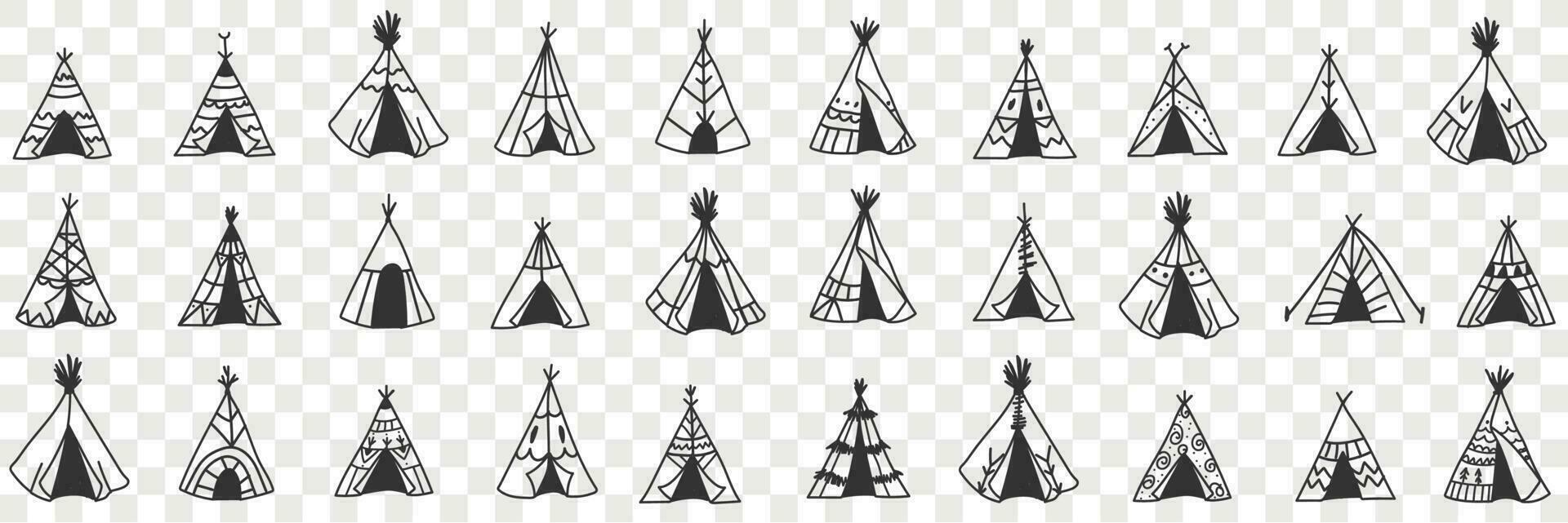 Amerikaans etnisch wigwam tekening set. verzameling van hand- getrokken divers types en stijlen van traditioneel Indisch Amerikaans wigwam huis in rijen Aan transparant vector