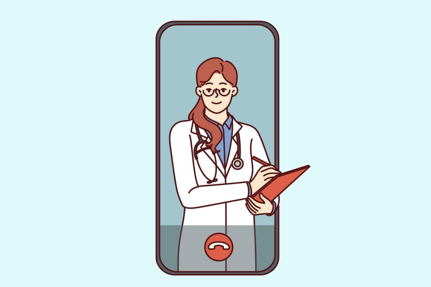 video telefoontje naar dokter door telegeneeskunde toepassing Aan telefoon voor online examen en overleg van geduldig via internetten. vrouw dokter in scherm van smartphone luistert naar symptomen van geduldig vector