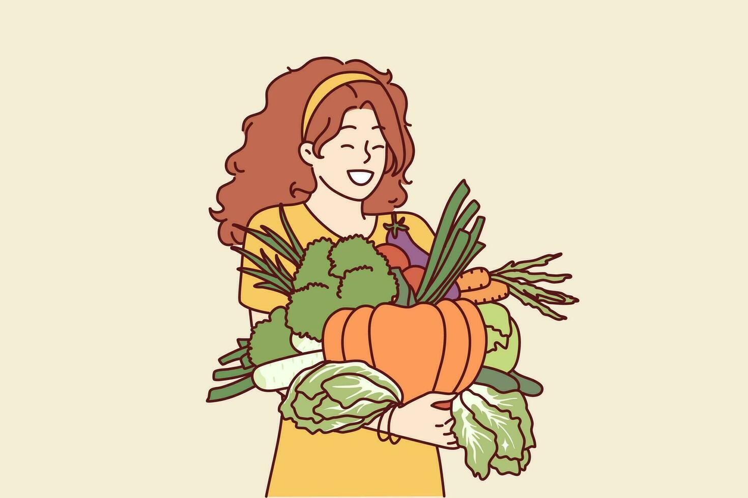 vrouw met groenten in handen verheugt zich mooi zo oogst of gunstig prijzen voor voedsel Bij boeren markt. vegetarisch meisje Holding biologisch groenten voor maken gezond soepen en smakelijk zouten. vector