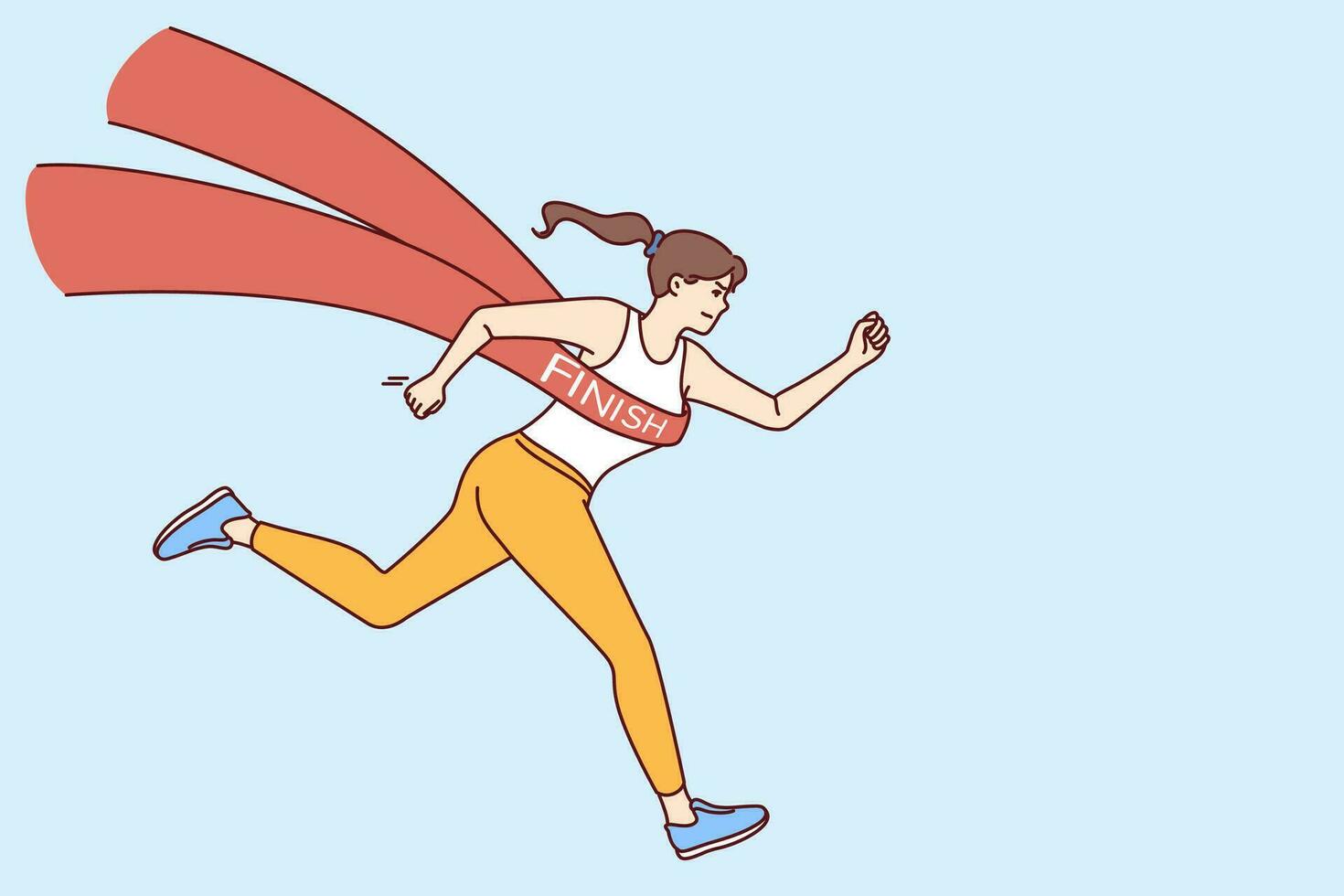 rennen vrouw atleet met afwerking plakband symboliseert zege in marathon of massa sport- wedstrijd. rennen meisje met vastbesloten emoties wint kampioenschap of sets nieuw snelheid dossier. vector