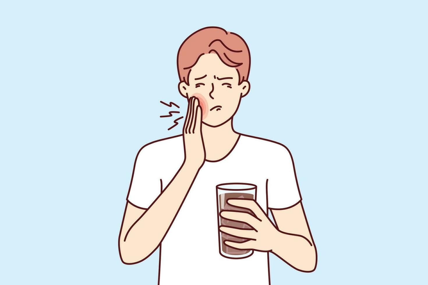 Mens lijdt van kiespijn veroorzaakt door verkoudheid drinken en behoeften pijn geneesmiddel en tandarts. vent met kiespijn geassocieerd met cariës of stomatitis houdt glas van geneeskunde voor mondwater. vector