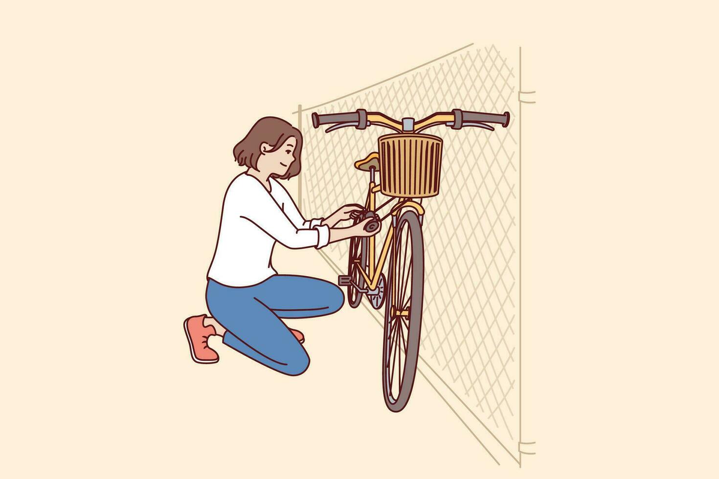 vrouw parken fiets in de buurt hek na terugkeren van werk Aan milieuvriendelijk vriendelijk vervoer. concept zorgzaam voor natuur en afwijzing van auto's met intern verbranding motor in gunst van fiets vector