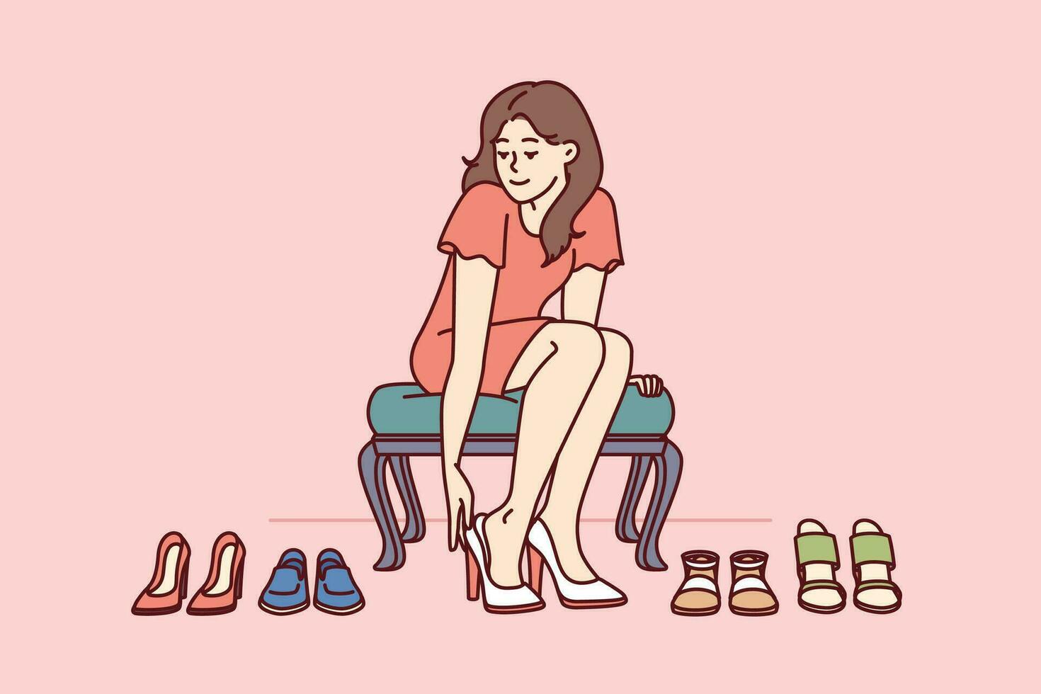 shopaholic vrouw is proberen Aan schoenen in op te slaan kiezen Rechtsaf hoog hakken voor gaan naar feest. meisje bezoeker van mode winkel met schoenen wie liefdes boodschappen doen en wil naar verandering garderobe vector