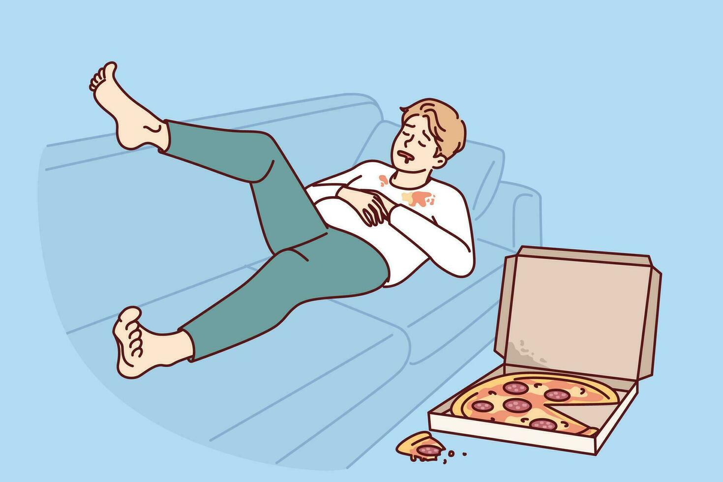 lelijk dik Mens slapen Aan sofa in de buurt pizza doos voor mis levensstijl concept van zwaarlijvigheid veroorzaken. vent lijden van probleem van zwaarlijvigheid behoeften helpen van voedingsdeskundige en aan het eten gezond eetpatroon voedsel. vector