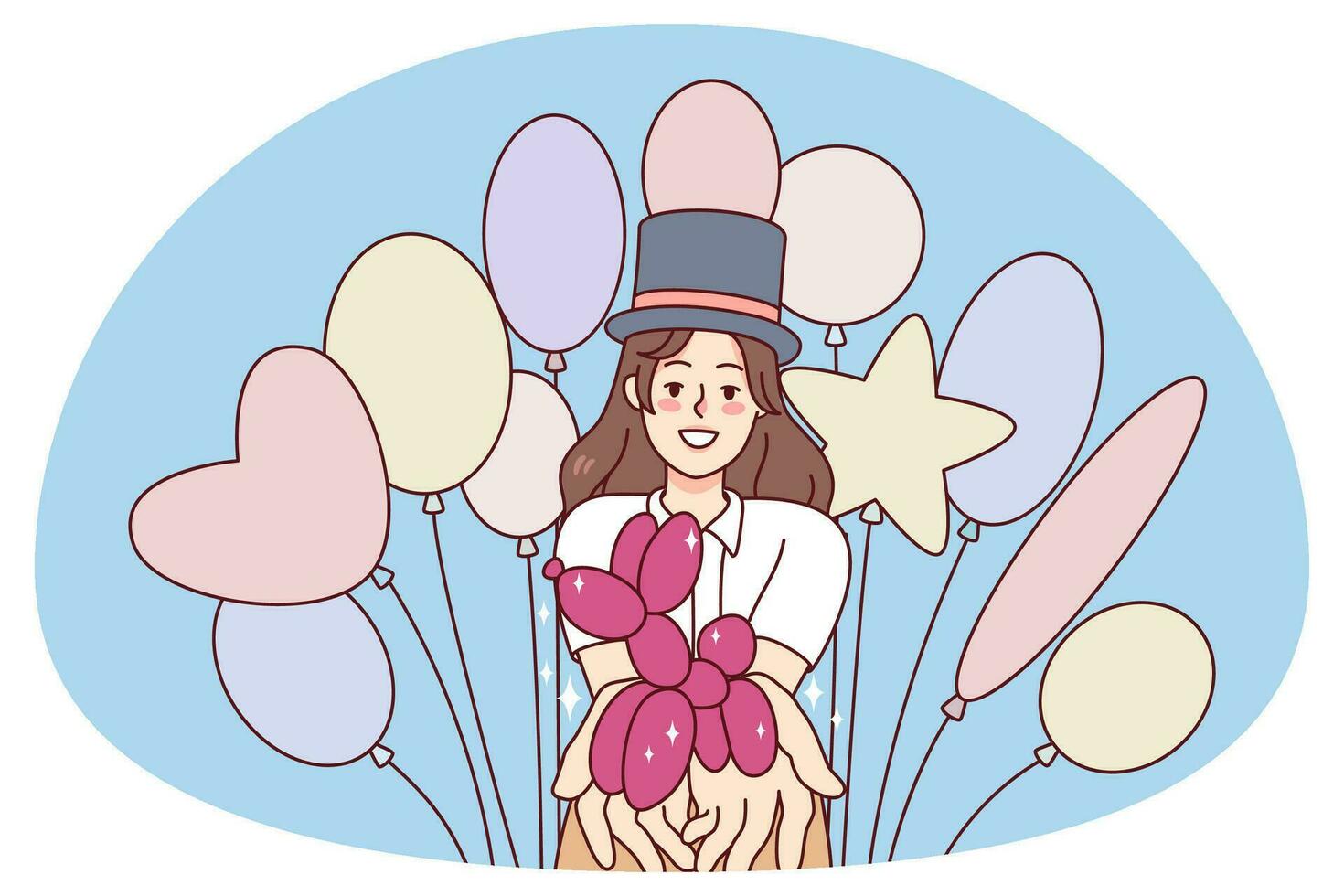 glimlachen jong vrouw verkoop ballonnen. gelukkig vrouw verkoper bevorderen helium ballonnen en figuren. vlak vector illustratie.