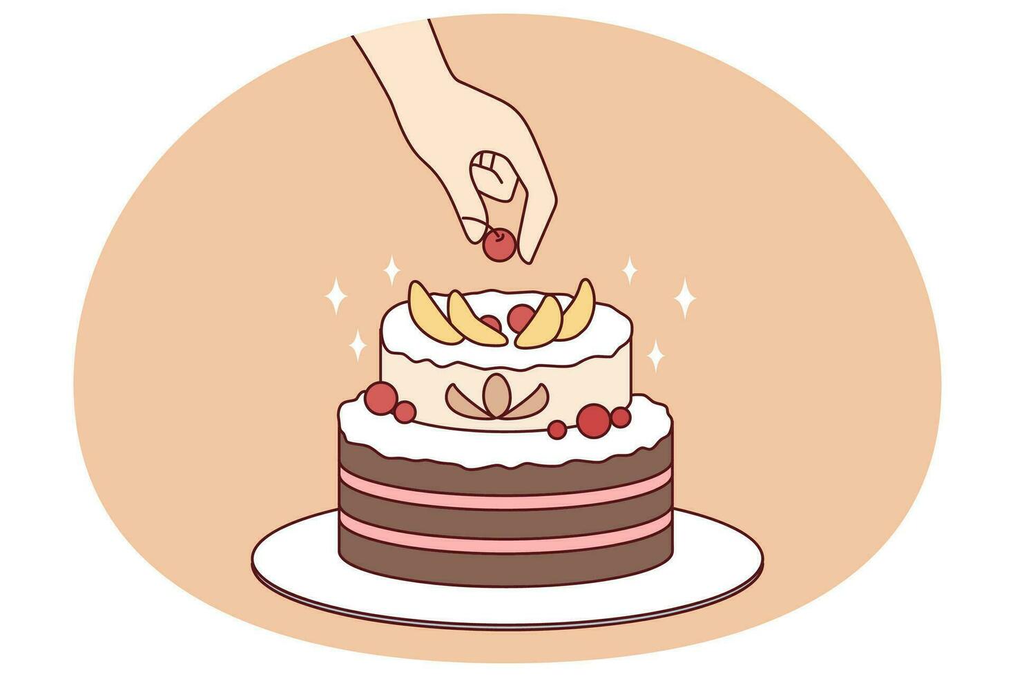 persoon versieren taart met vruchten. chef voorbereidingen treffen eigengemaakt heerlijk taart. toetje en snoepgoed. vlak vector illustratie.