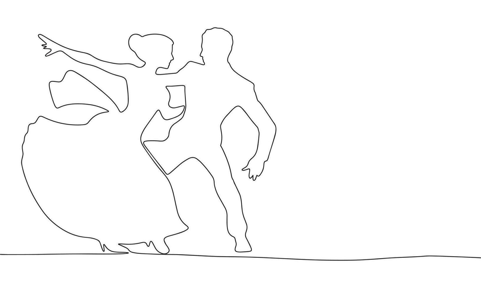 een lijn doorlopend Mens en vrouw zijn dansen. Latijns dans concept banier in lijn kunst hand- tekening stijl. schets vector illustratie.