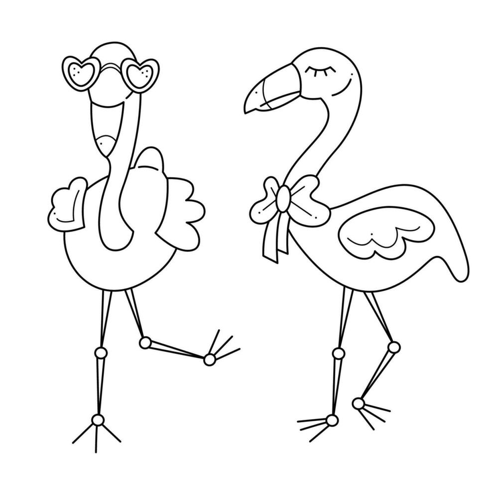 twee schattig en grappig flamingo's. tekening zwart en wit vector illustratie.