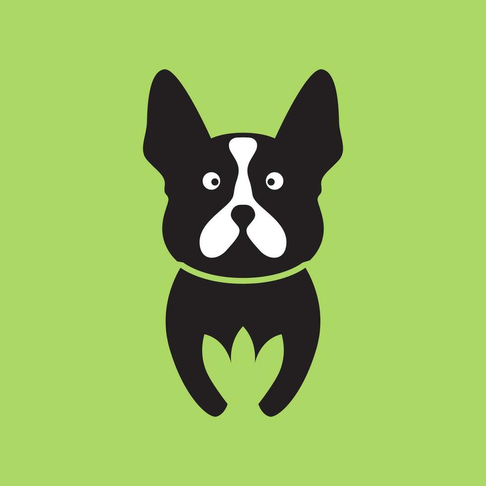 Boston terriër huisdieren hond bladeren natuur mascotte tekenfilm minimaal modern logo icoon vector illustratie