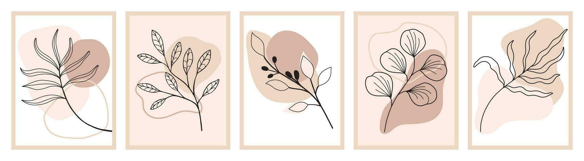 botanisch vector muur set. boho bladerrijk lijn tekening met abstract vorm geven aan. abstract fabriek kunst ontwerp voor afdrukken, omslag, behang, minimalistische en natuurlijk muur kunst