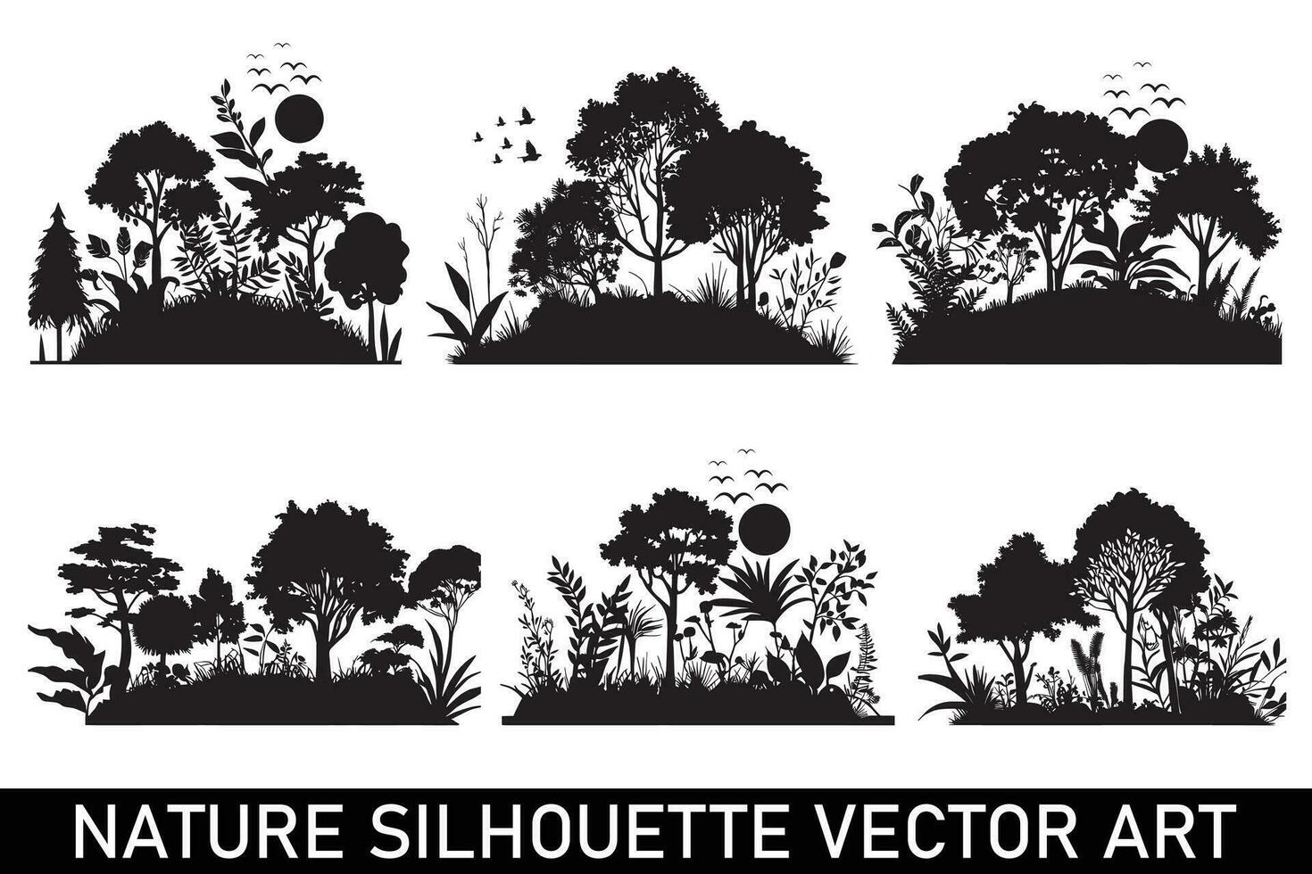 Woud silhouet illustratie bundel, natuur silhouet clip art bundel, natuur silhouet ontwerp bundel, Woud silhouet achtergrond bundel. vector