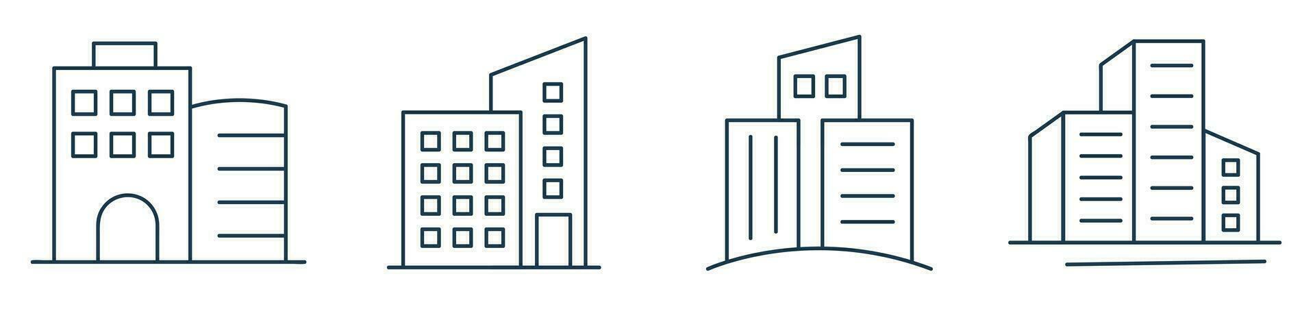 gebouw lijn icoon reeks vector. stad, echt landgoed, bank, hotel, architectuur ziekenhuis, stad- symbool illustratie vector