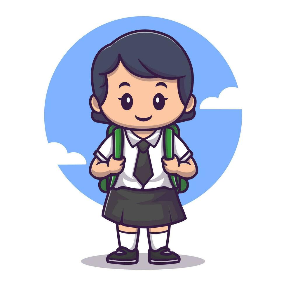 schattig meisje vervelend school- uniform en draag- een zak tekenfilm vector icoon illustratie