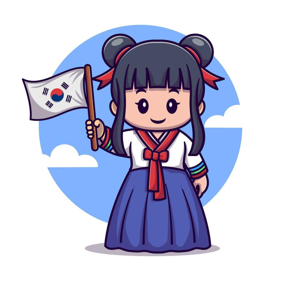 schattig meisje vervelend traditioneel kleren en Holding Koreaans vlag tekenfilm vector icoon illustratie