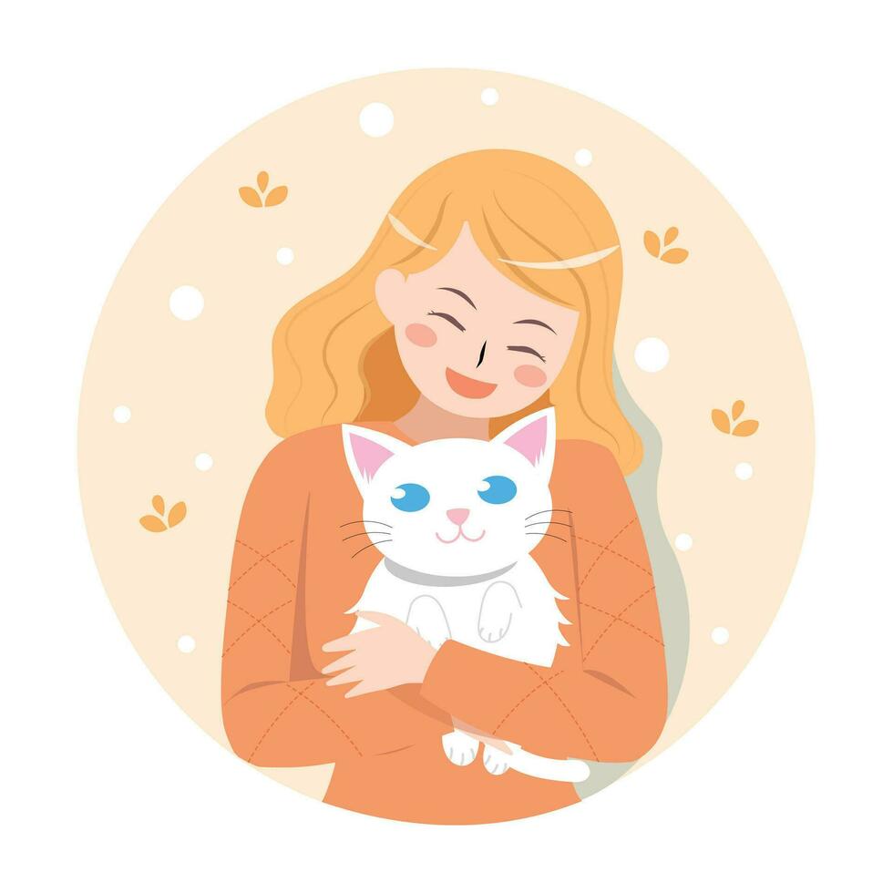 Internationale kat dag viering een vrouw knuffelen een kat, Vrolijk, ophelderen uw dag, tekenfilm schattig stijl, hand- getrokken, vlak ontwerp, en vector illustratie geïsoleerd Aan wit achtergrond.