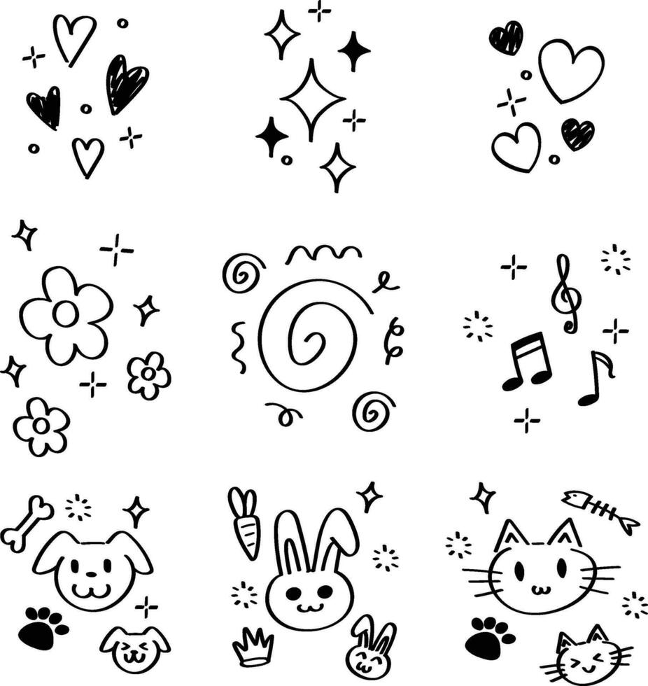 hand- getrokken doodles set, een verzameling van schattig, harten, honden, katten, konijnen, sterren, lijnen, en decoratief elementen in een gemakkelijk ontwerp stijl met vector illustraties