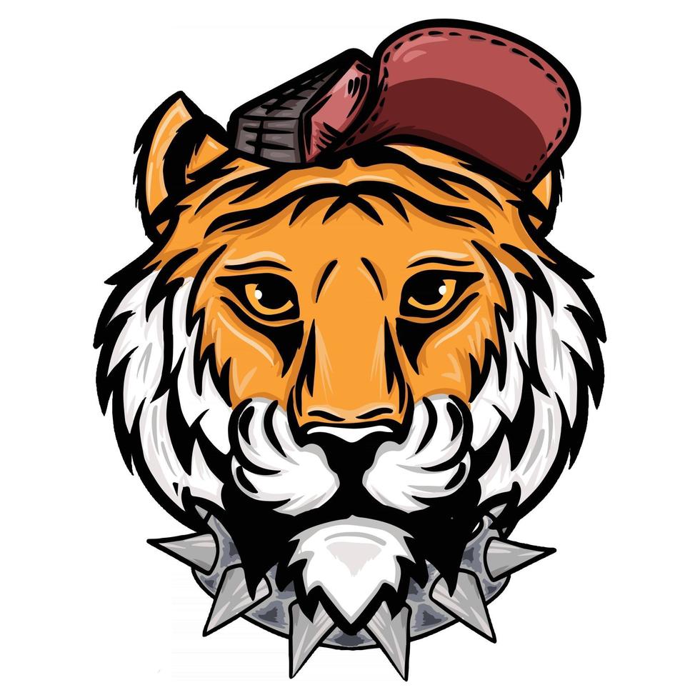 illustratie van de handtekening van een tijgerkop met een hoed en een doornenhalsband vector