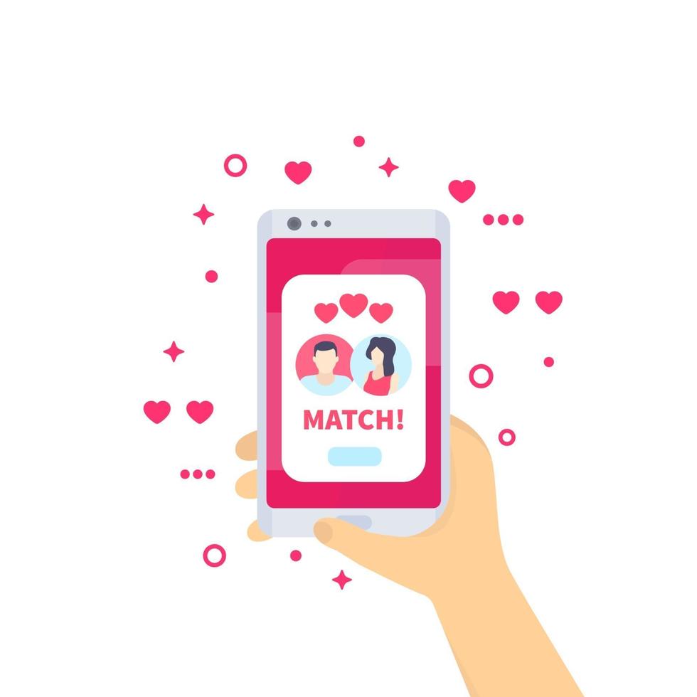 online dating-app, match op scherm, smartphone in de hand, vector