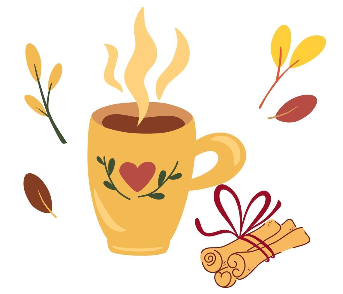 kopje thee met kaneelstokjes herfststemming concept voor het bereiden van een warme drank koffie of cacao met kaneel vectorillustratie in de vlakke stijl vector