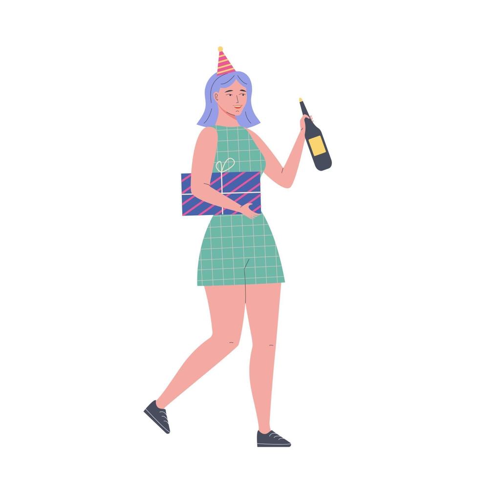 vrienden verjaardagsfeestje vrouw met geschenkdoos en champagne vector