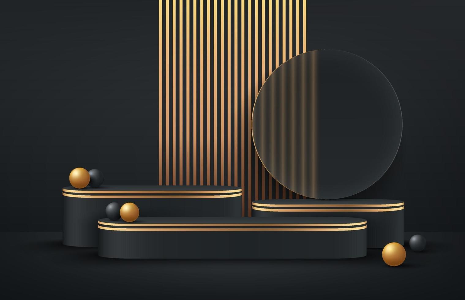 luxe zwart en goud rond podium op donkere lege kamerachtergrond en zwarte, gouden bol versieren. abstract vector rendering 3D-vorm voor reclame producten weergeven. minimale scène studio kamer.