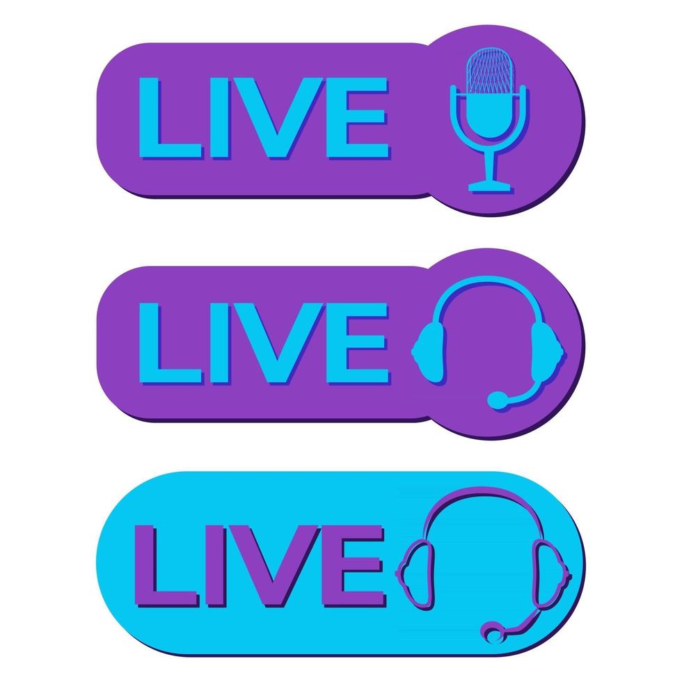 pictogrammen voor live-uitzendingen. kleursymbolen en knoppen van live streaming, uitzending. set online streamknoppen met koptelefoon en microfoon. vector