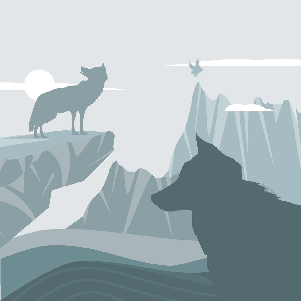 silhouet wolven in bergen landschap vector