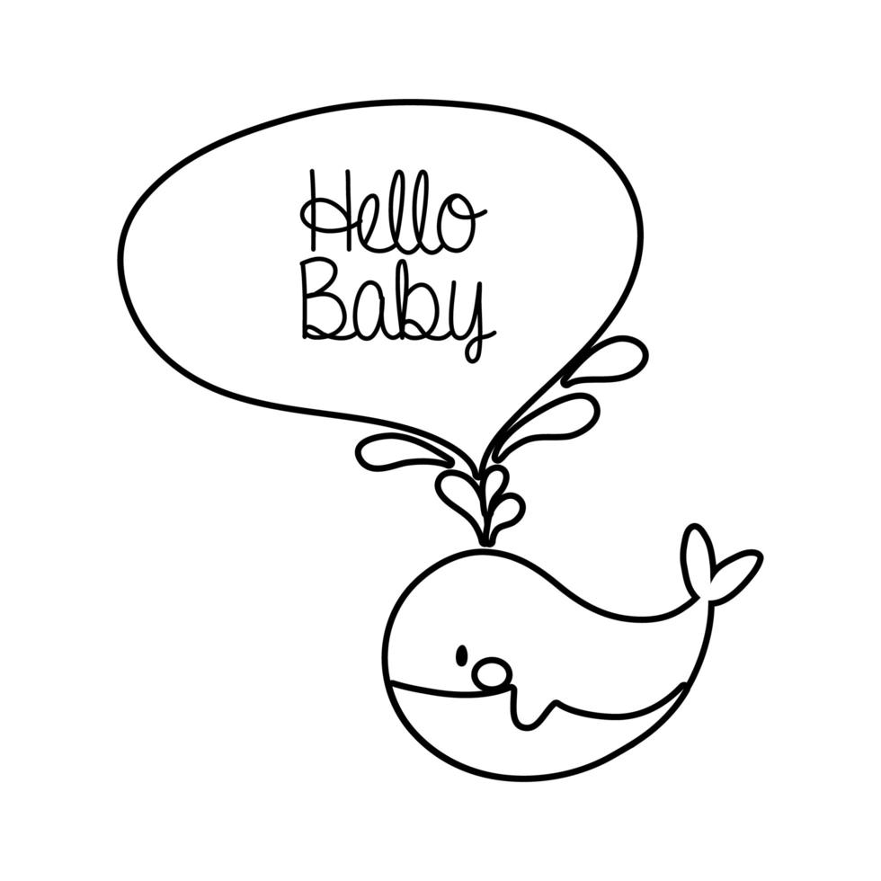baby shower frame kaart met walvis en hallo baby lijnstijl vector