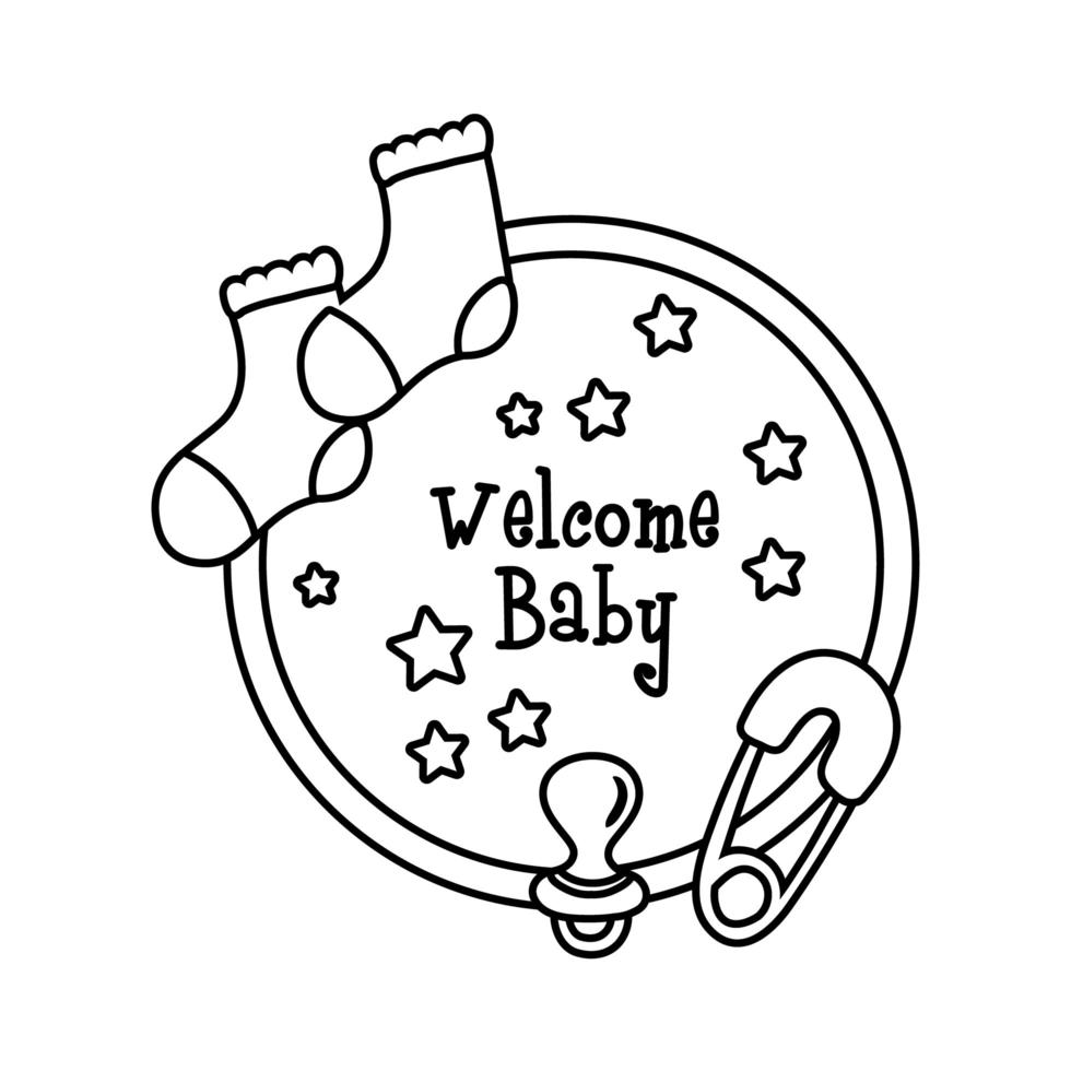 baby shower frame kaart met en sokken welkom baby belettering lijnstijl vector