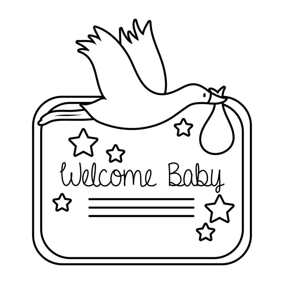 baby shower frame kaart met ooievaar en welkom baby belettering lijnstijl vector