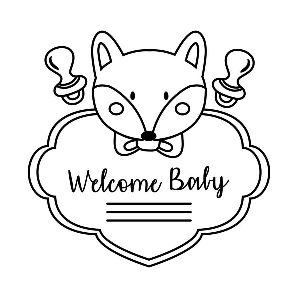 baby shower frame kaart met kleine vos en welkom baby belettering lijnstijl vector