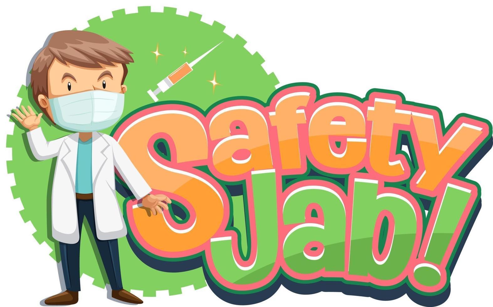 safety jab font banner met een stripfiguur van een mannelijke arts vector