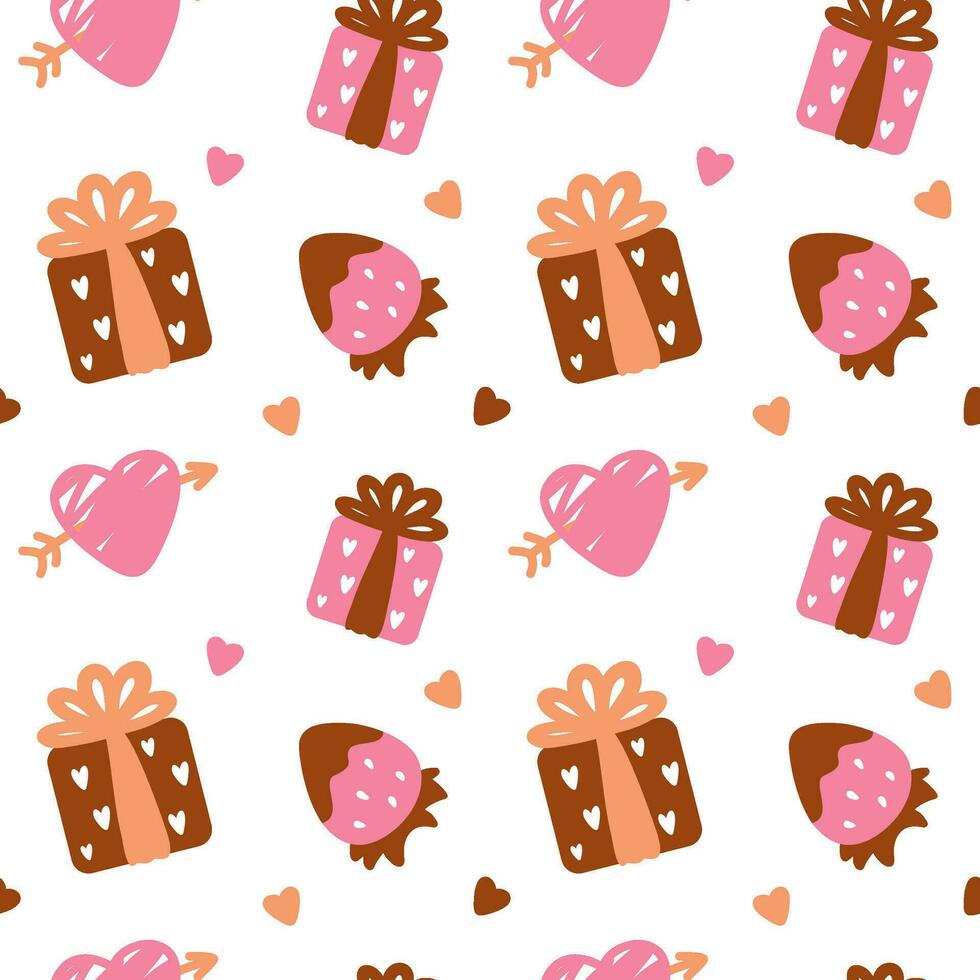 san Valentijnsdag dag, roze afdrukken.zoet desserts en schattig geschenken. naadloos patroon. vector