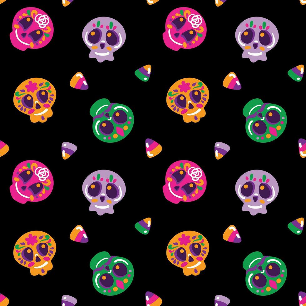 schattig schedels Aan verschillend kleuren. gelukkig halloween. dag van de dood in Mexico. naadloos patroon. vector