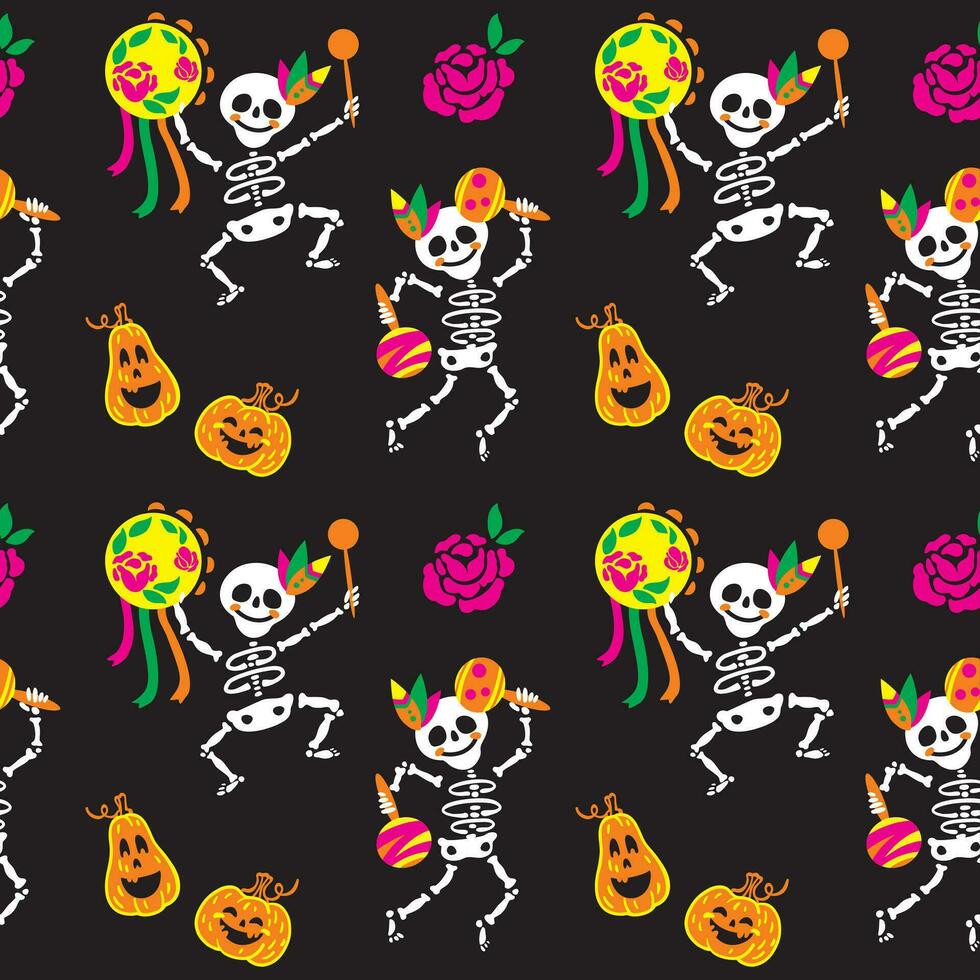 schattig skelet. gelukkig halloween. halloween pompoen. dag van de dood in Mexico. naadloos patroon. grappig kinderen afdrukken vector