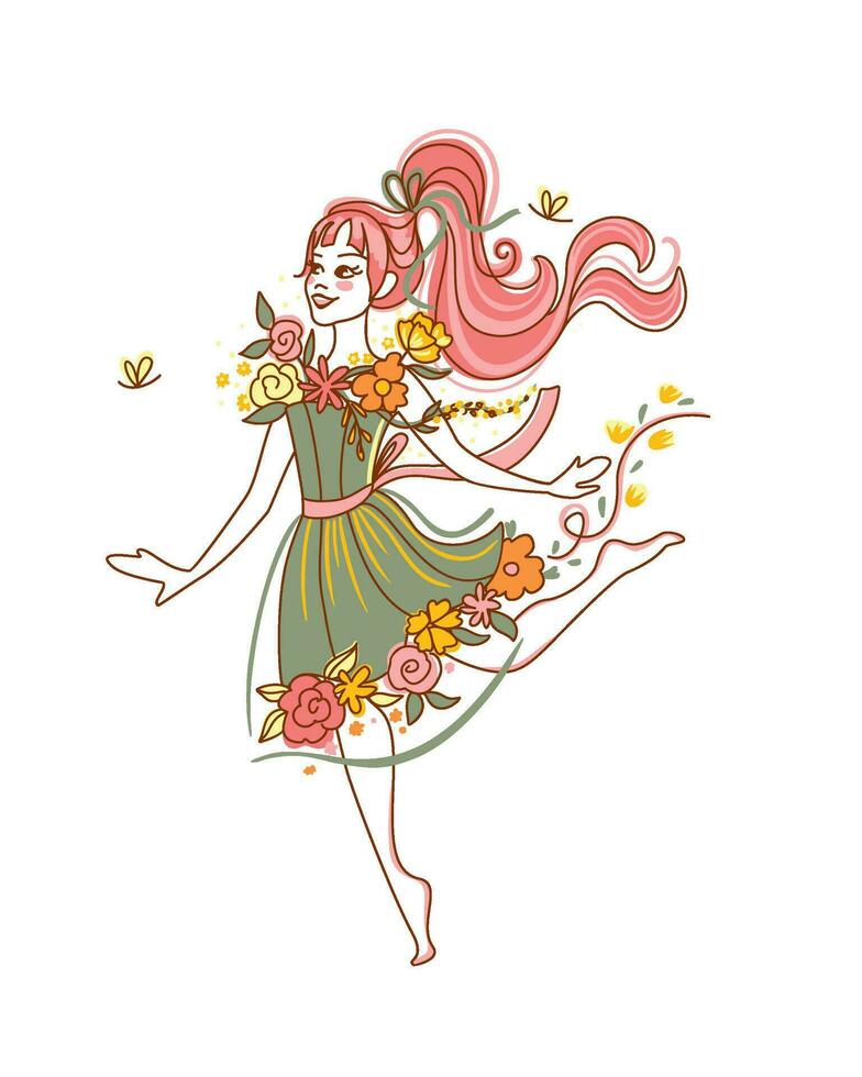 schattig meisje in een jurk versierd met bloemen. bloesem. zomer afdrukken. vector