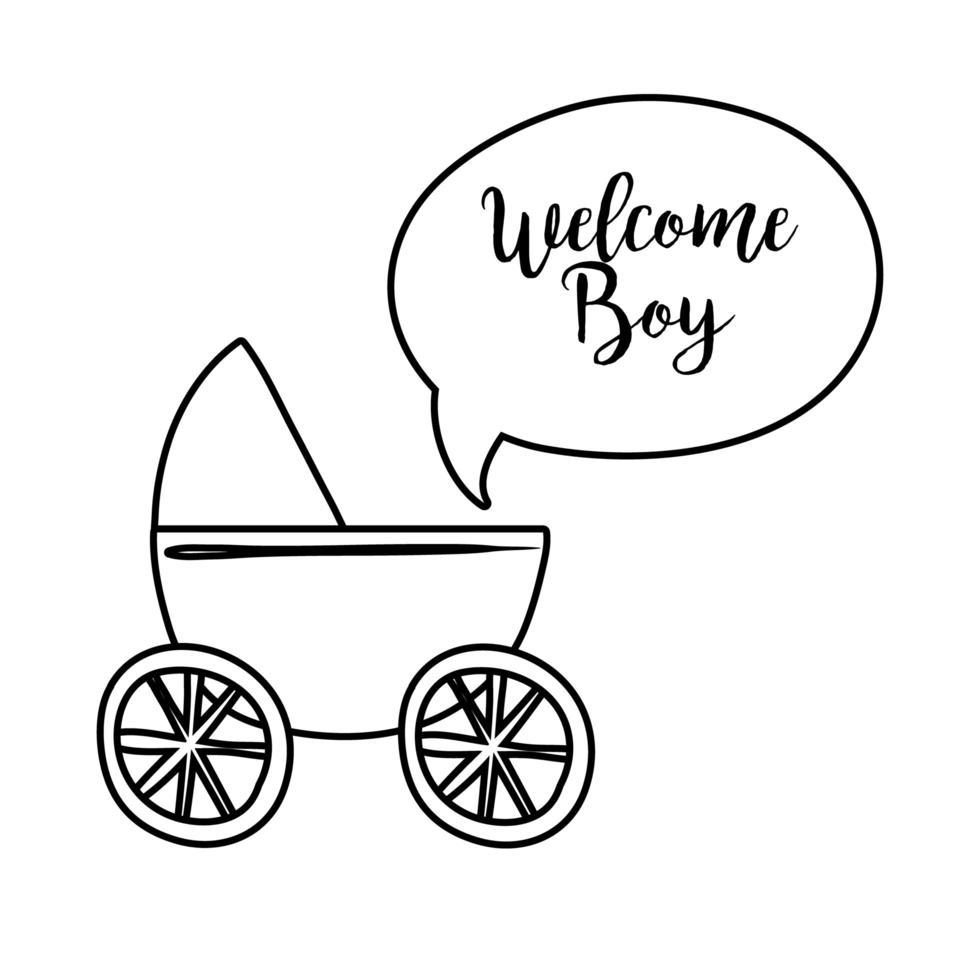 baby shower-kaart met kar en welkomstjongen belettering lijnstijl vector