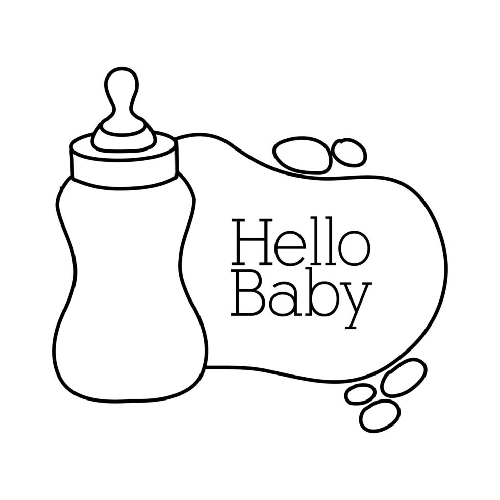 baby shower frame-kaart met melkfles en hallo baby belettering lijnstijl vector