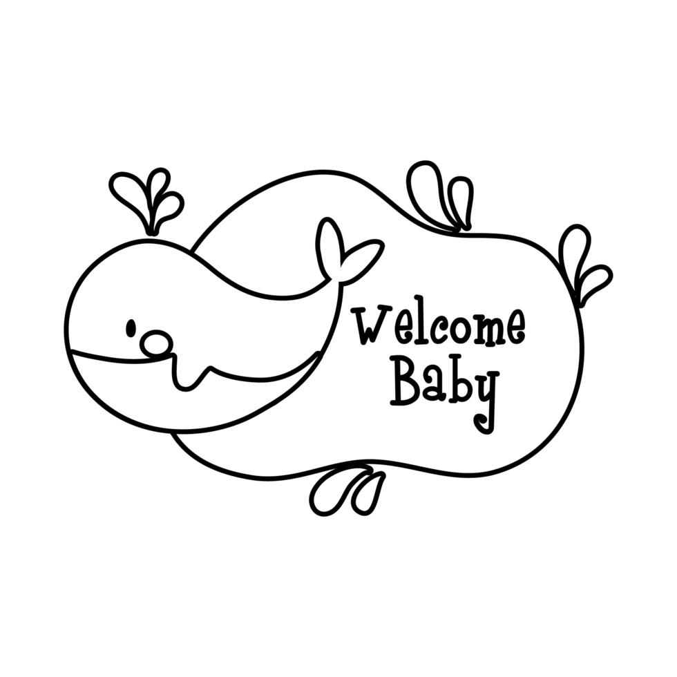 baby shower frame kaart met walvis en welkom baby belettering lijnstijl vector